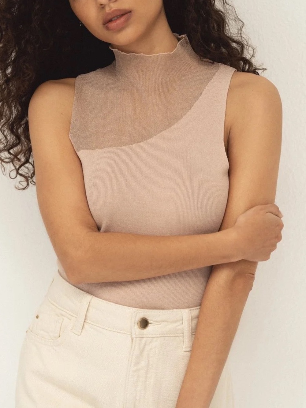 Zara Beige Mock Neck Sleeveless Knit Tank